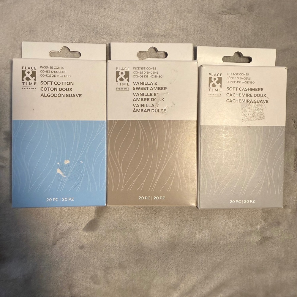 Place &‎ Time Incense Cones Set of 3 Soft Cotton Vanilla Amber Cashmere